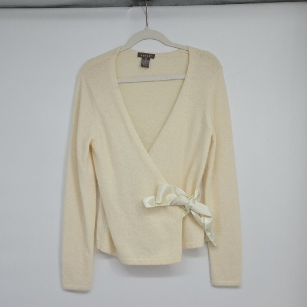 Kenar Ivory Cream Wrap Sweater with Bow Rabbit Hair Wool Blend Size Medium